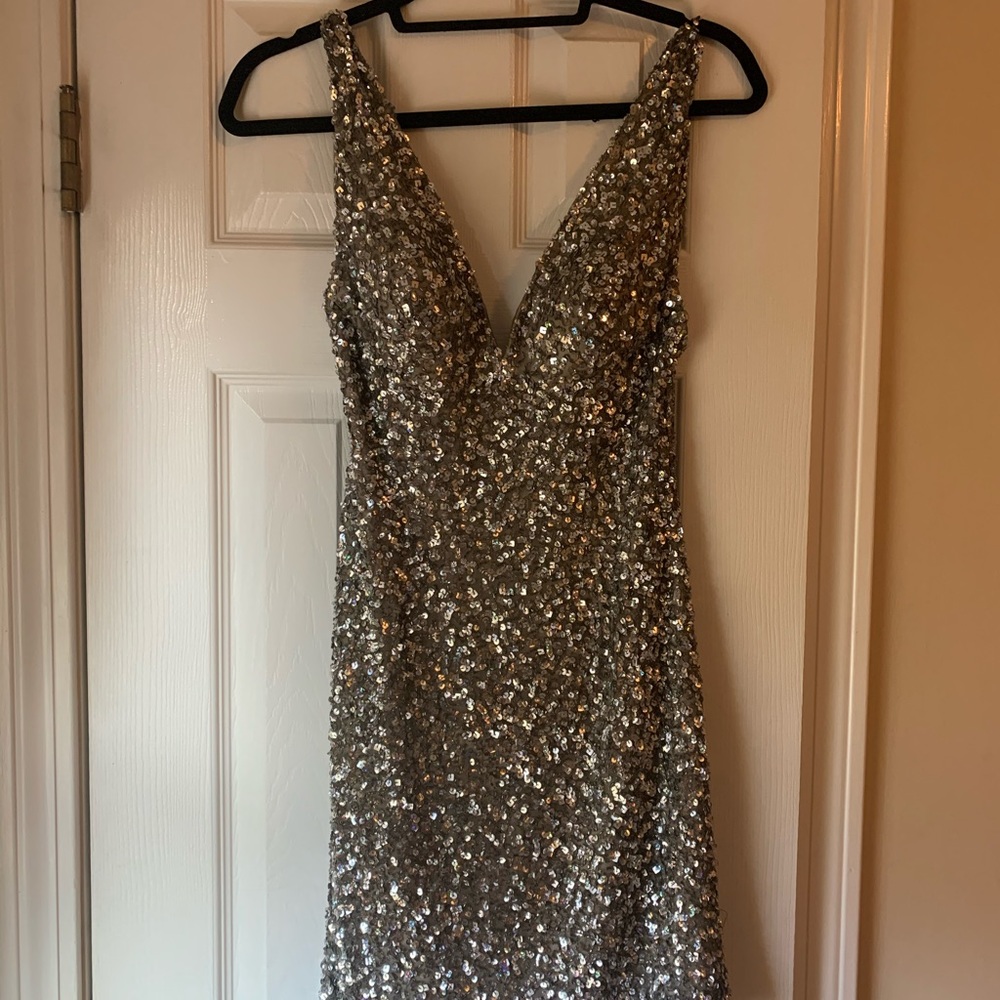 Silver sequin/sparkle mini dress, low back, V neck